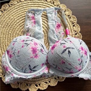Victoria's Secret Pink and Gray Floral Lace Bra